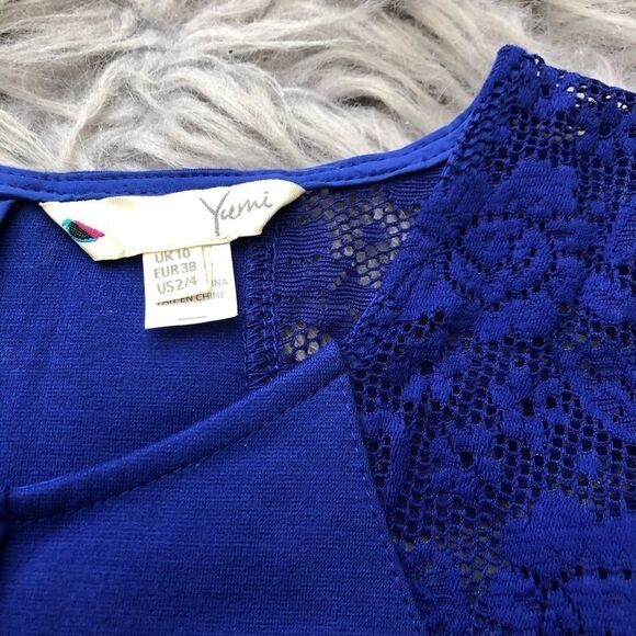 𝅺yumi Blue Lace Arm Dress with Belt - Picture 4 of 9